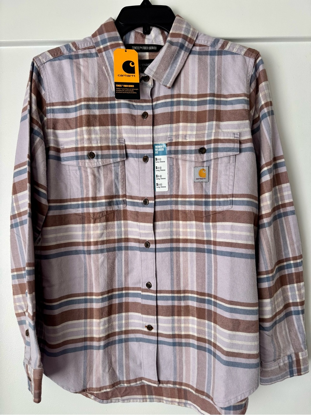 Women's Carhartt Plaid Button-Down Relaxed Fit Shirt in Brown and Lavender